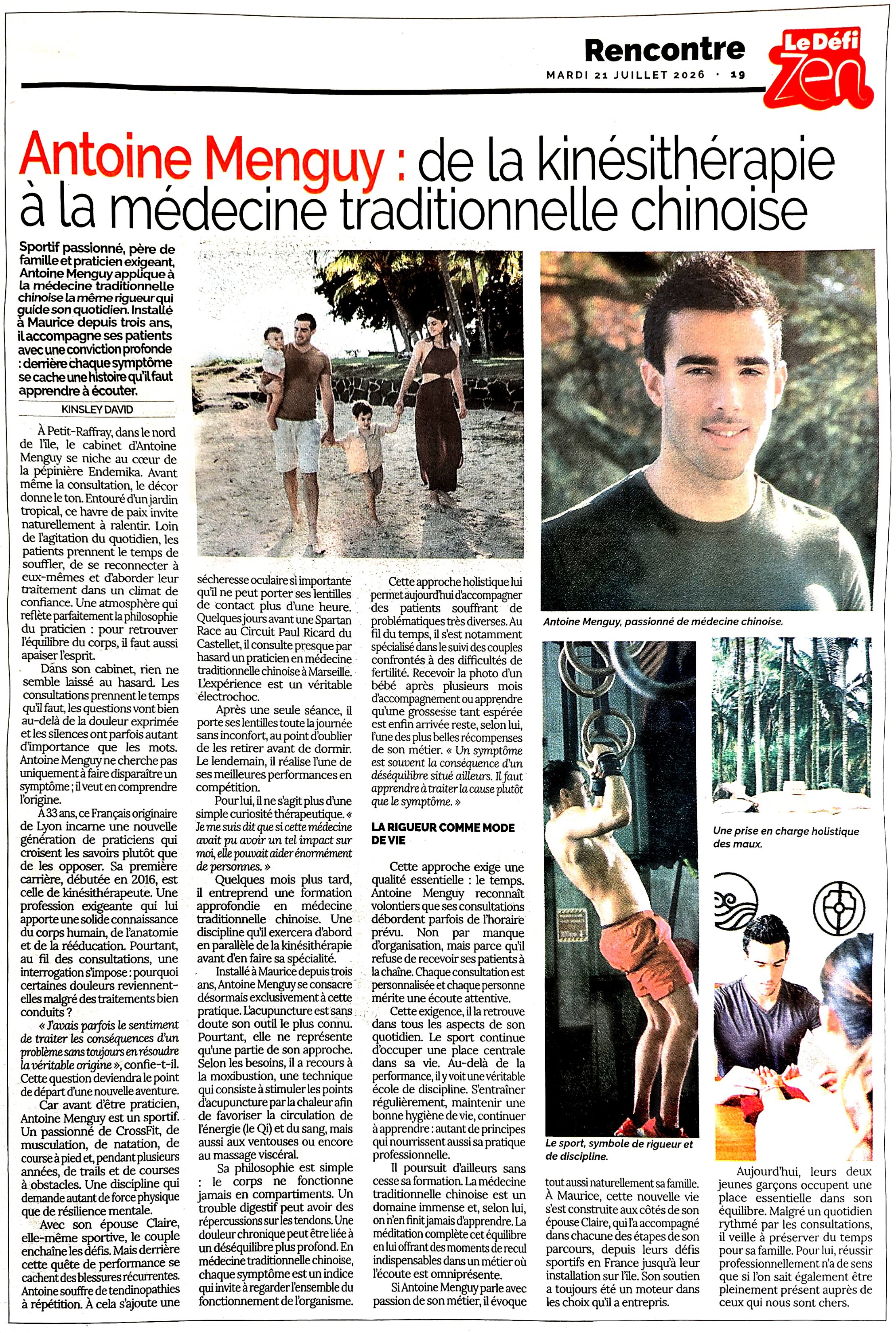 Article du Défi Zen du 21 juillet 2026 : « Antoine Menguy, de la kinésithérapie à la médecine traditionnelle chinoise » — pleine page avec photos du praticien au Cabinet Endémika